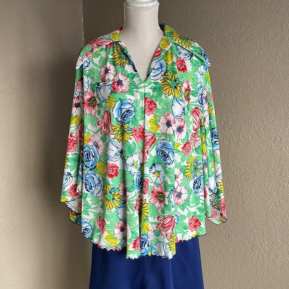 Vintage 60s Peggy Lou Large Print Floral Flutter Sleeve Blouse Top - Picture 9 of 14